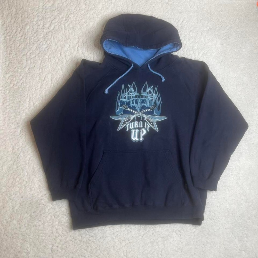 Y2K top heavy men's blue grunge skater hoodie boxy back‎ hit flames M